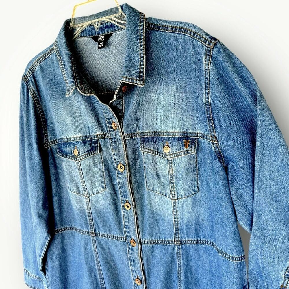 Frye Women Denim Button Up Long Sleeve Shirt Mini Jean Dress XXL Faded Blue Wash - Picture 6 of 13
